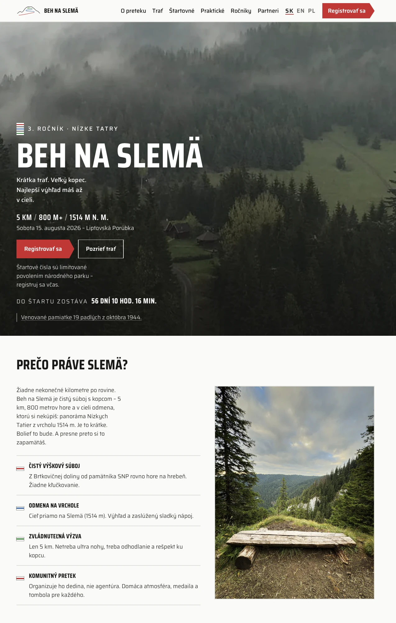 Úvodná obrazovka webu behnaslema.sk s názvom preteku a registráciou
