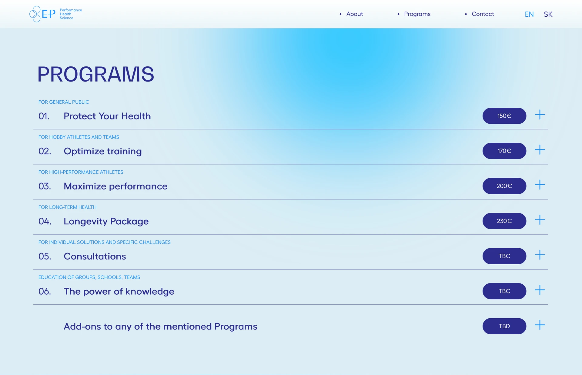 Sekcia Programs na webe Evy Piatrikovej s číslovaným zoznamom programov a cenami