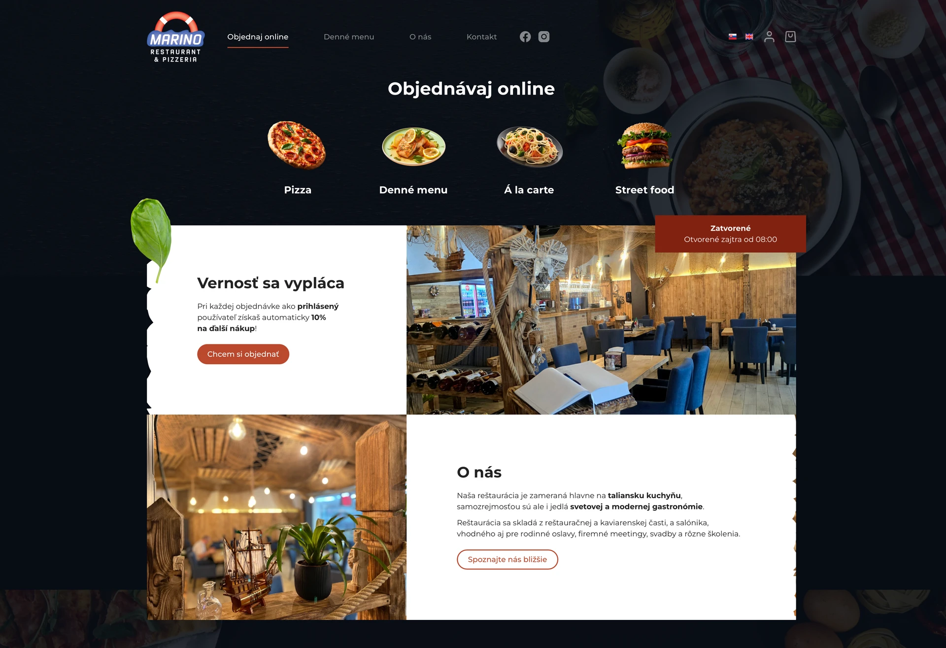 Homepage webu Marino s tmavým dizajnom, online objednávaním a kategóriami jedál
