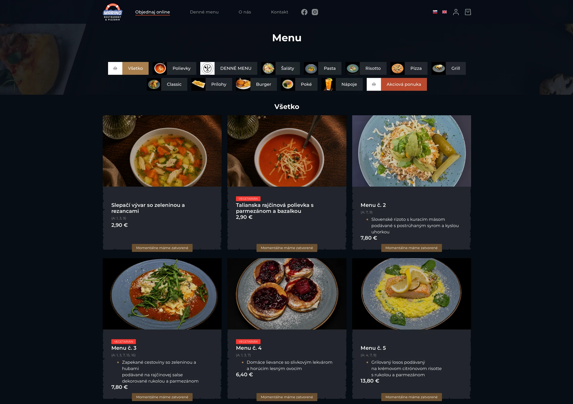 Sekcia Menu na webe Marino s filtrom kategórií a gridom jedál s cenami a alergénmi