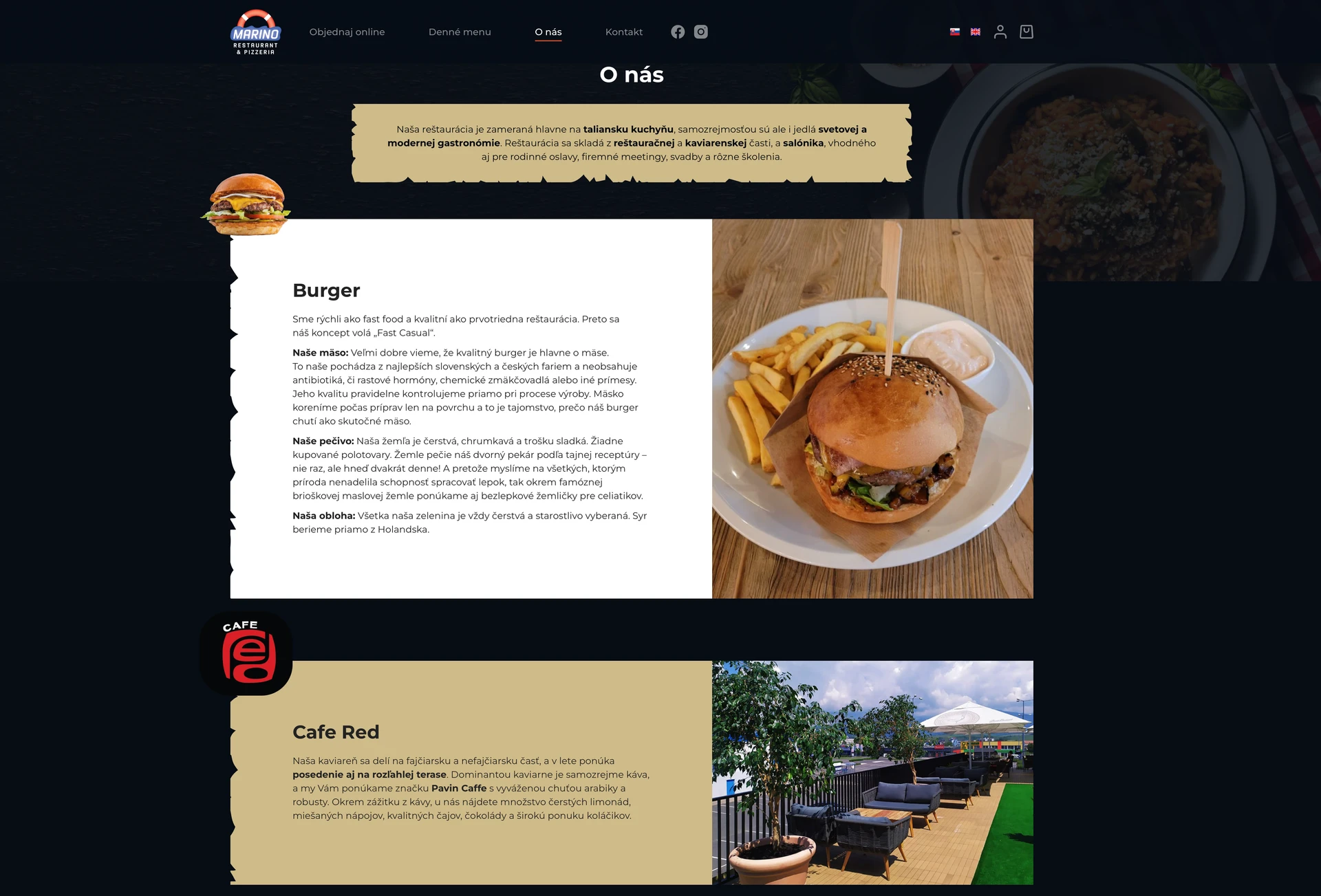 Sekcia O nás na webe Marino s predstavením reštaurácie, konceptu Burger a kaviarne Cafe Red