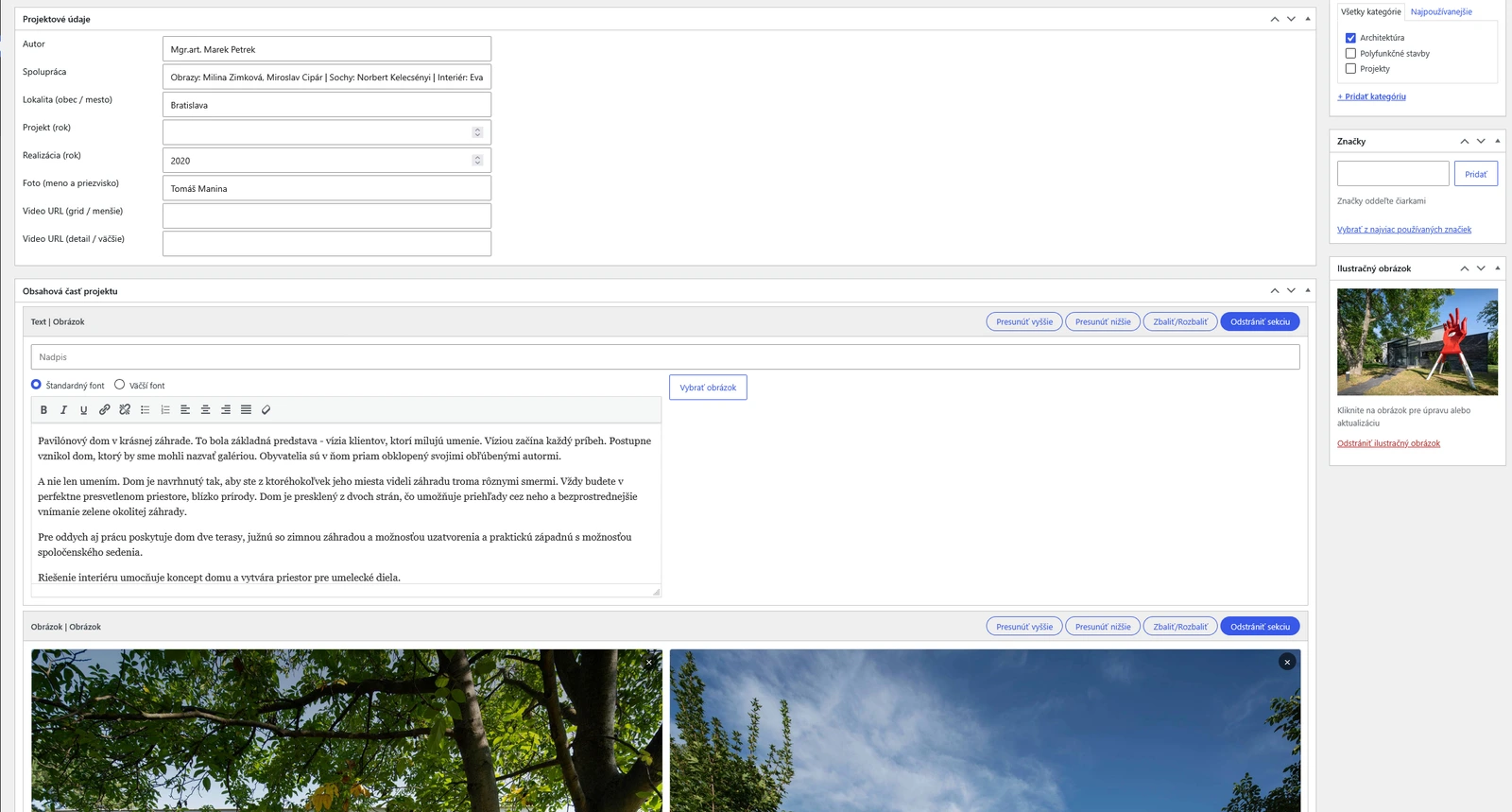 Administrácia WordPress na mieru pre správu projektov Petrek Architects