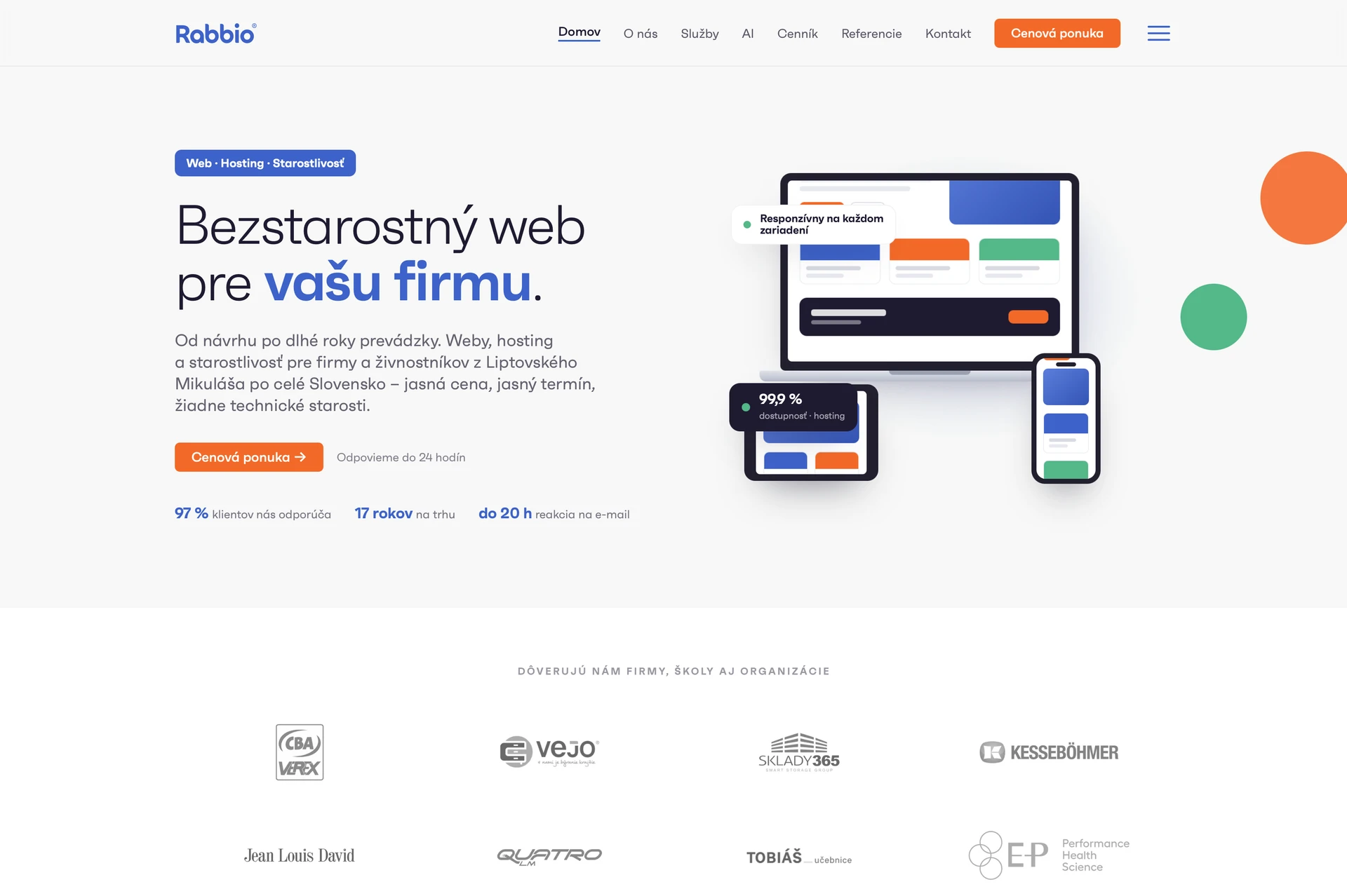 Domovská stránka rabbio.digital po redizajne s hero sekciou a logami klientov