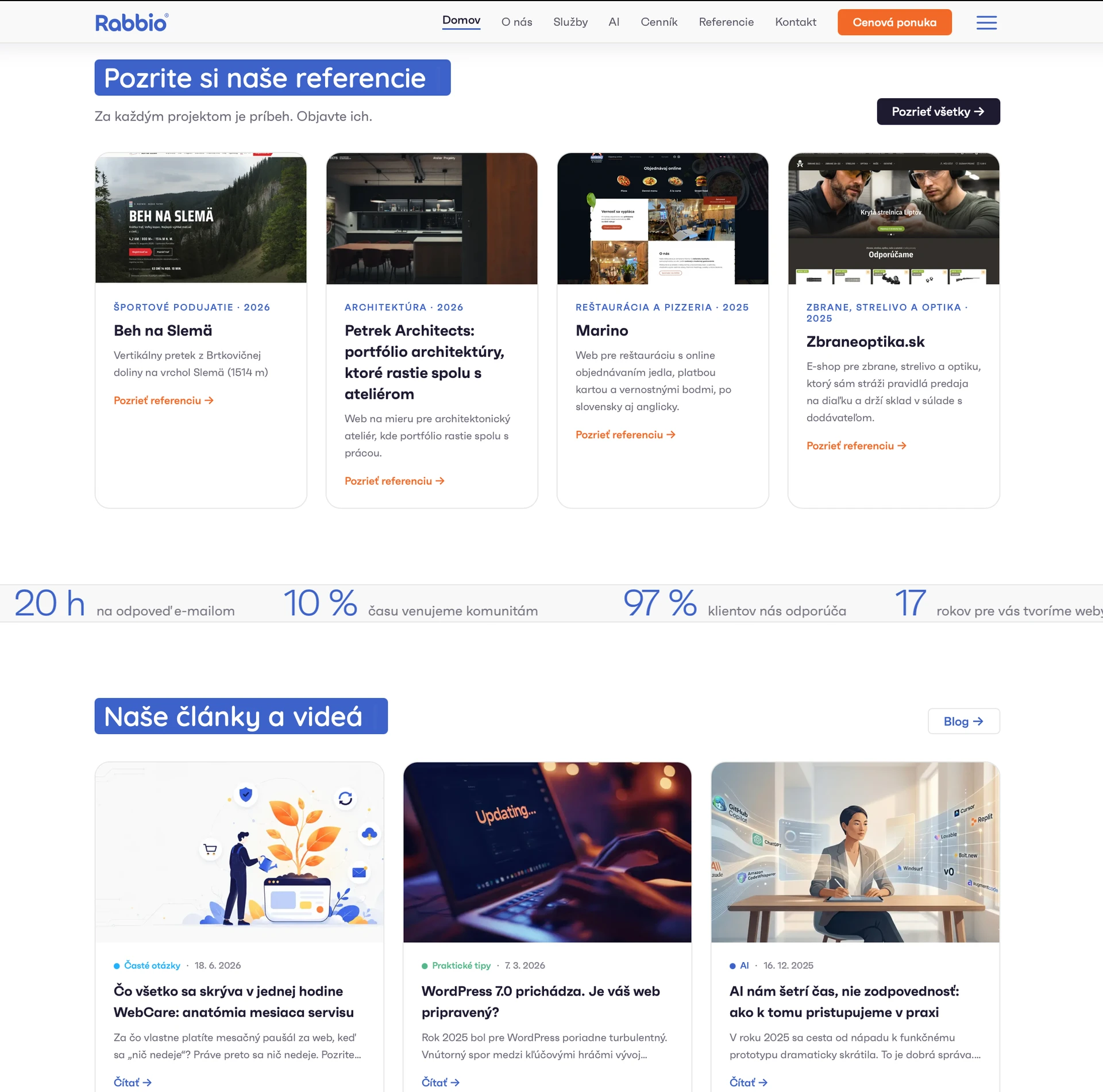 Sekcia referencií a článkov na rabbio.digital s kartami case studies