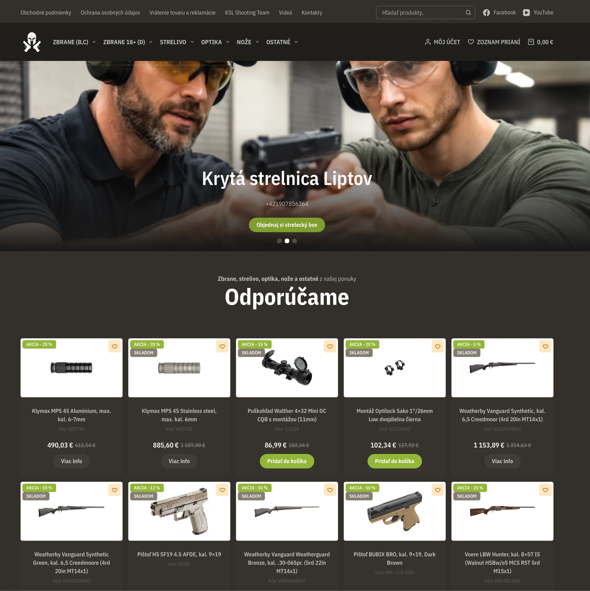 Homepage e-shopu Zbraneoptika.sk s tmavým dizajnom, hero bannerom krytej strelnice a sekciou odporúčaných produktov so zľavami