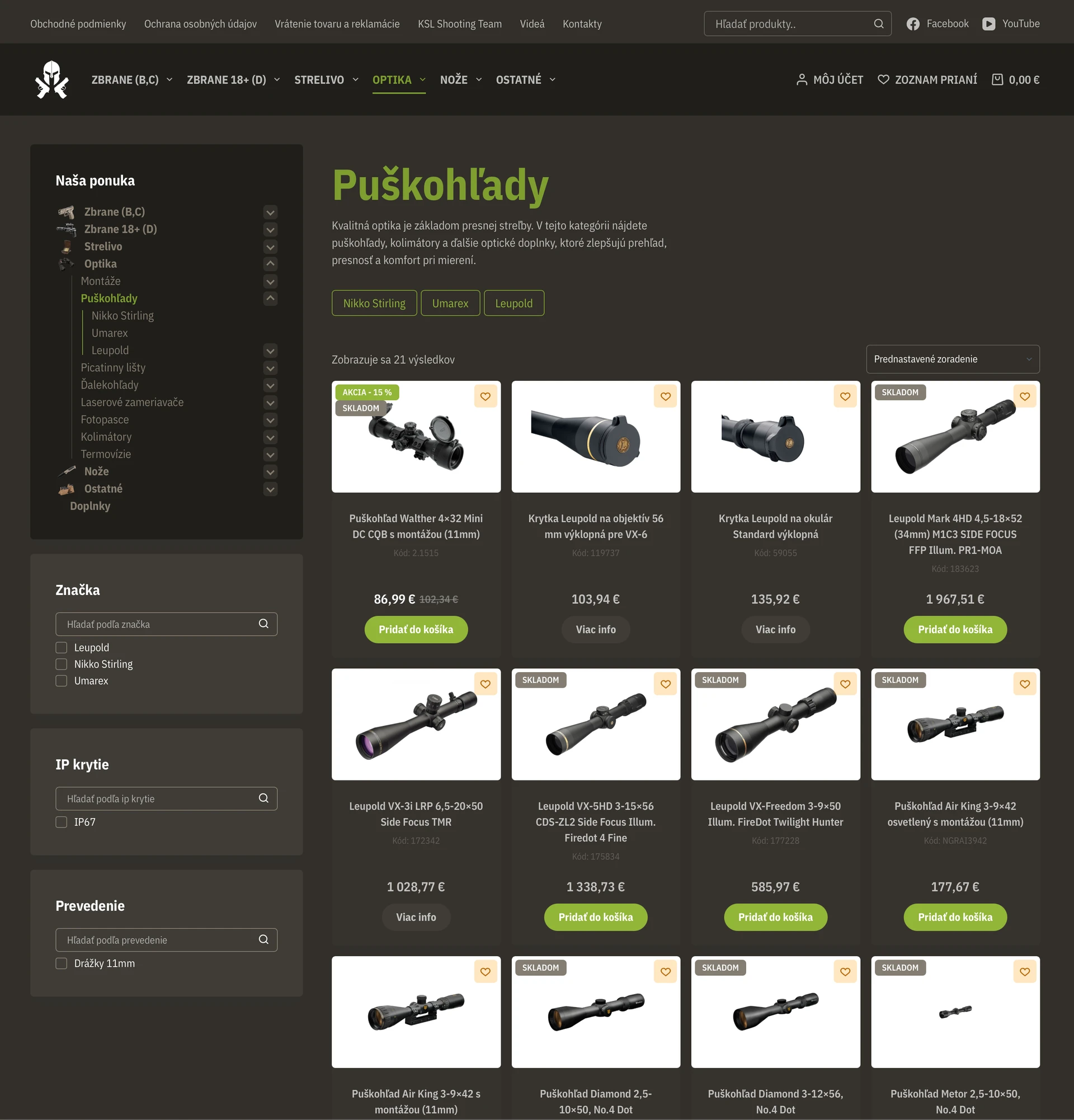 Kategória Puškohľady na Zbraneoptika.sk s bočným filtrom podľa značky a parametrov a gridom produktov s cenami a dostupnosťou
