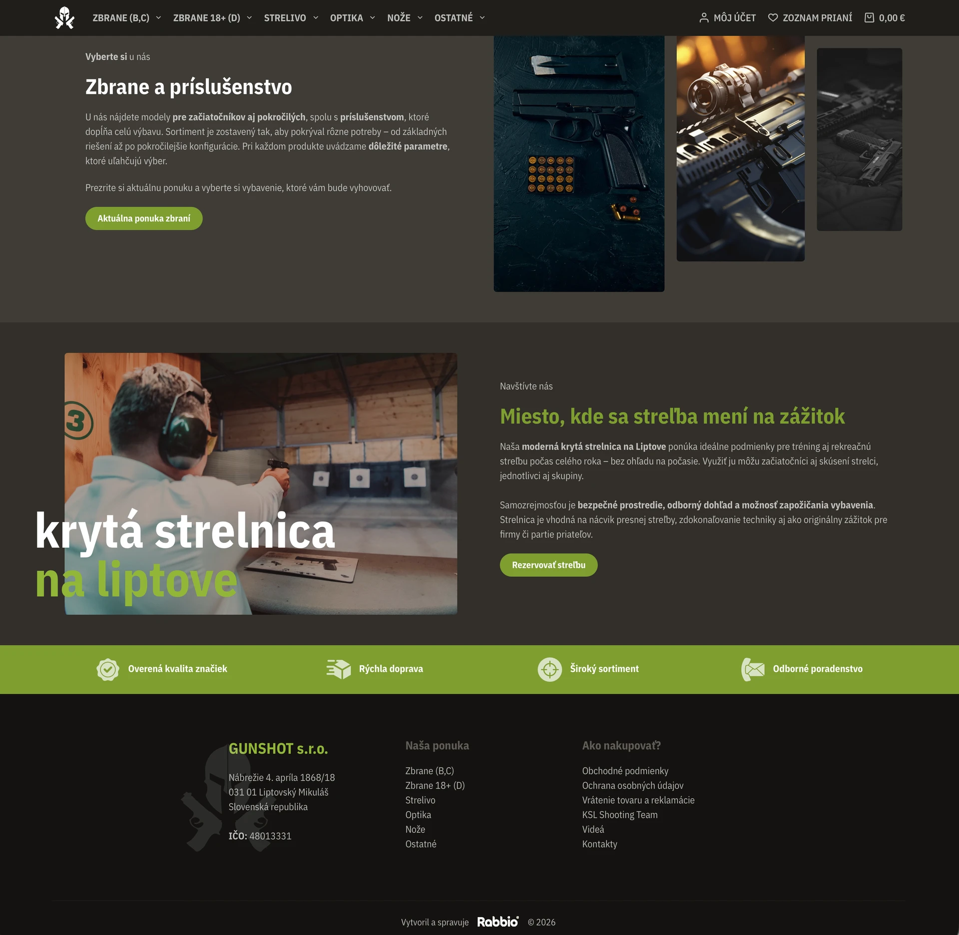 Sekcia Zbrane a príslušenstvo na homepage Zbraneoptika.sk s tmavými produktovými fotkami zbraní a optiky a blokom krytej strelnice